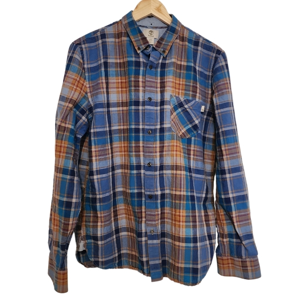 Timberland Slim Fit Blue Linen Long Sleeve Plaid Button-Down Men's Shirt Size L